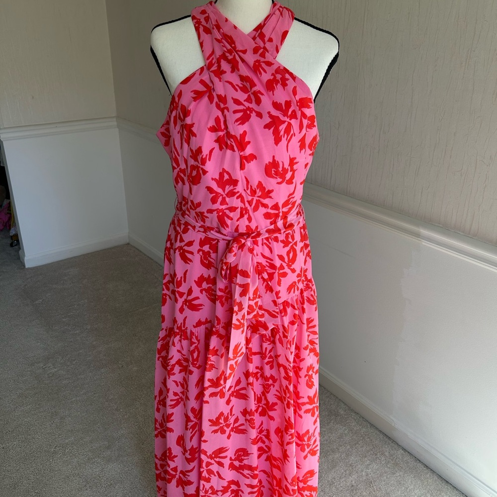 Taylor Pink Red Floral Halter Dress Size 12 Tie Waist Midi Wedding Gue